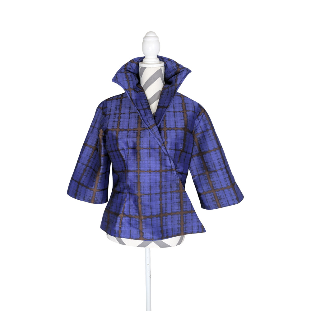 Lorain Croft Silk Wired Collar Abstract Print Jacket Medium Blue Brown - Picture 2 of 9